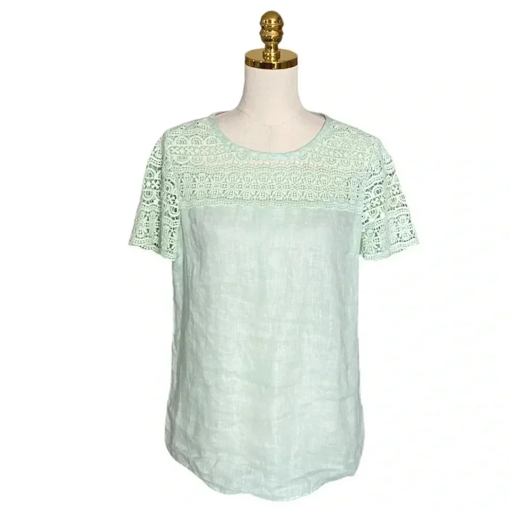 J CREW | Women’s Mint Green 100% Linen Lace Short Sleeve Top Size 6.